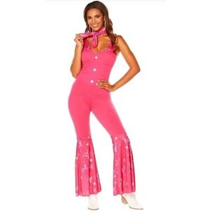 Barbie The Movie Western Cowgirl Costume Womens M 8-10 Pink Jumpsuit Bandana New